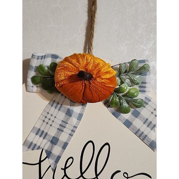 Set of 2 Fall Hanging Signs Pumpkins Ribbon Hello Fall Hello Pumpkin 8" Diameter - Picture 3 of 7